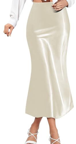AURUZA Satin Skirts for Women Trendy, High Waisted Womens Skirts Midi Long Length, Elegant Zipper Flared Elastic A-line Silk Skirts (Beige, X-Large)