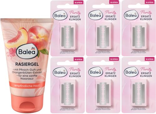 Balea RASIERGel för mild våtrakning med persikodoft (150 ml) + Balea rakblad PURITY dubbel krombelagd, rostfritt stål rostfritt, kompatibel med alla vanliga rakhyvlar (6 x 10 st), 60 st