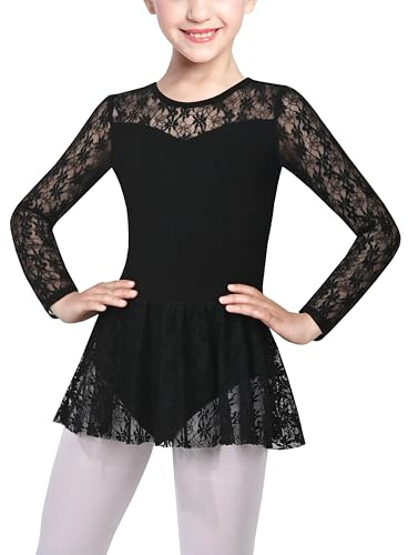 Sunny Fashion Ballet vêtements Robe de Ballet Enfants Noir Dentelle Manche Longue Ballet Robe de Danse Gymnastique 4-5 Ans