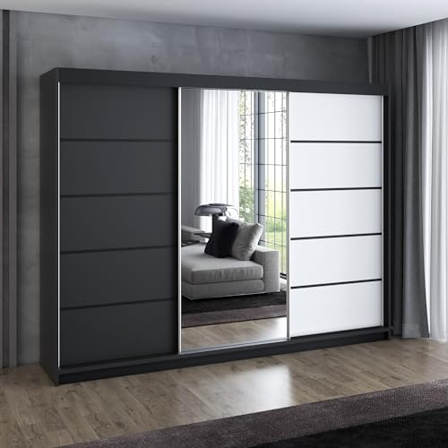 A&J MöbelLand Schwebetürenschrank VILUNO 2 Kleiderschrank 3-türig 200 cm mit Spiegel, 4 Schubladen & 2 Kleiderstangen, Geräumiger Schlafzimmerschrank (Schwarz/weiß)