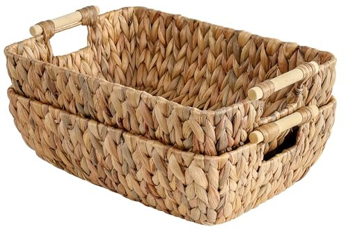 Water Hyacinth Storage Baskets with Wooden Handles，Large Wicker Baskets for Organizing Set of 2