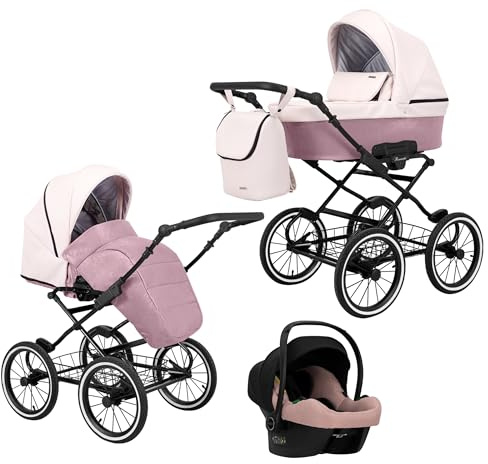 KUNERT Kinderwagen ROMANTIC retro Sportwagen Babywagen Autositz Babyschale Komplettset Kinder Wagen Set 2 in 1 und 3 in 1 (rosa eco- schwarz rahmen, 3in1 Cosmo)
