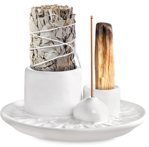 Soporte para incienso 4 en 1, cuenco de incienso para cada incienso, soporte de palo santo, soporte para incienso de cerámica, soporte para varillas de incienso, salvia blanca para ahumar para yoga,
