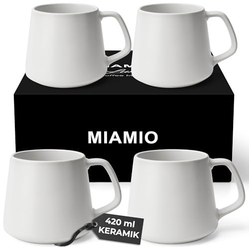MIAMIO - Set di Tazze da Caffè (Set di 4) / Grandi Tazze in Ceramica (420 ml) - Tazza per Cappuccino, Tè, Espresso - Adatto al Microonde e alla Lavastoviglie - Collezione Luxe (Bianco)