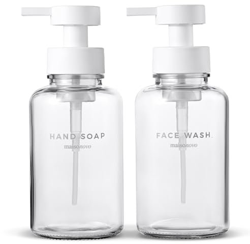 MaisoNovo Distributeur de Savon Moussant en Verre 400 ML | Verre Clair Pompes en Plastique Blanc x 2 | Distributeur Savon Mousse