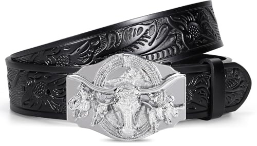 LEACOOLKEY Western Cowboy Ledergürtel für Männer Frauen Cowgirl Western Das Land Gürtel Herren Schnalle Gürtel für Jeans Hosen