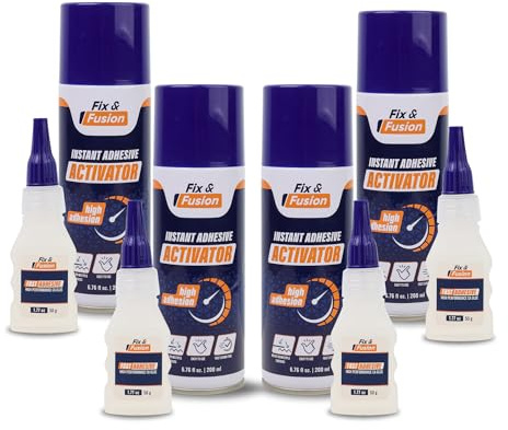 FIX & FUSION Set Colle Super Glue (50 g) et Activateur Spray (200 ml) | Adhésif Cyanoacrylate Rapide & Activateur Instantané pour Bois, Plastique, Caoutchouc, Métal & Bricolage, Réparations (4 Pack)
