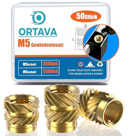 ORTAVA M5 Gewindeeinsatz, 50 Stück Einpressmuttern (M5x6x7mm+M5x8x7mm) für Kunststoffteile, Messing Einschmelzgewinde, Threaded inserts für Durch Wärme Einschmelzen in 3D-Druck-Teile