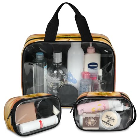 Lot de 3 grandes trousses de maquillage de voyage translucides à motif de fleurs de dahlia colorées pour homme et femme, couleur, L, Trousse de maquillage