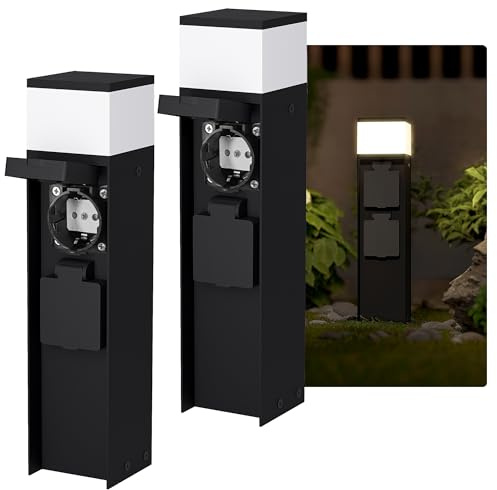 SSC-LUXon ZAVO Energiesäule 2er Set schwarz IP44 G9 mit 2 Steckdosen | Zwei Steckdosensäulen mit Licht für den Garten - je zwei Schuko-Steckdosen, blendfrei, für Terrasse & Wege, wetterfest IP44
