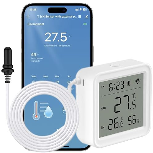 Comboss Sensore termometro Igrometro WiFi – sensore wireless di temperatura e umidità per interni ed esterni con sonda esterna (versione standalone con sonda esterna)