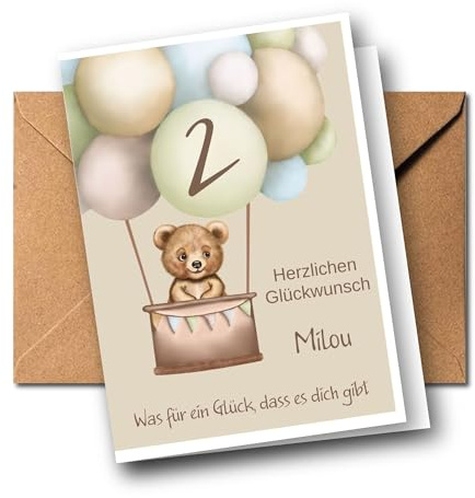 Personalisierte Kinder Glückwunschkarte zum 1. 2. 3. 4. 5. 6. 7. usw. Geburtstag, Karte Kindergeburtstag mit Name und Alter, Geburtstagskarte personalisierbar mit Tiermotiv (Bär)