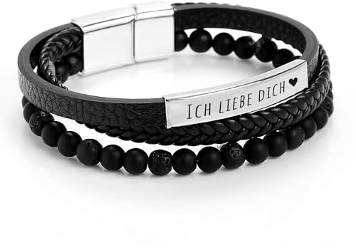 Lumari Gold Personalisiertes Herren Lederarmband mit Gravur – Silber Edelstahl Elemente & Verschluss, Hypoallergen – Männliches Geschenk für Ihn, Schwarz