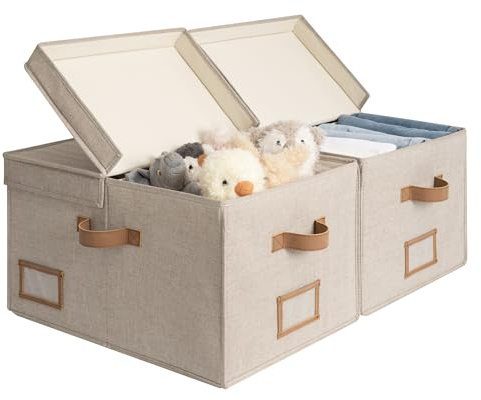 StorageWorks Large Fabric Storage Bins with Lids, Closet storage boxes | Double-Open Lid, 2 Label Holder, 3 Handles, Ideal for Blanket Clothes Seasonal Storage, Large, Brown & Beige, 2-Pack