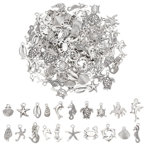 UNICRAFTALE 100 Stück 20 Stile Verschiedene Ozean Charms Set Muscheln Seesterne Delfin Anhänger Set Anhänger Tibetischen Stil Antik Silber Ozean Leben Seefisch Charms Zur Schmuckherstellung