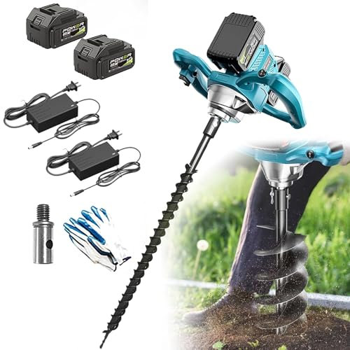 Tarière électrique sans fil, 2000 W avec 2 batteries, 6 vitesses réglables, inverse anti-bourrage, idéale pour l'installation de clôture, la plantation d'arbres, le jardinage et l'aménagement paysager