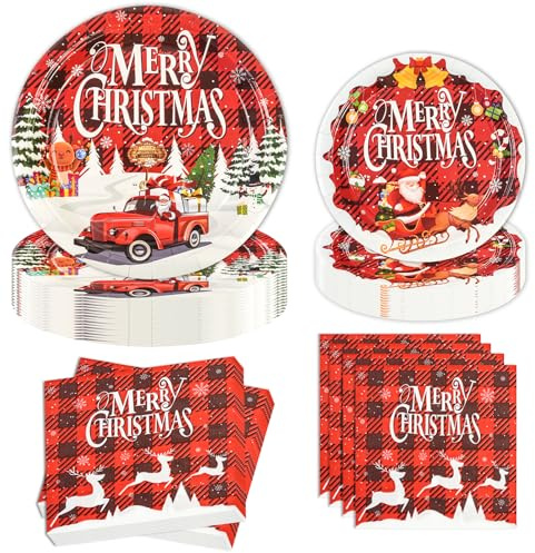 60 platos de papel de Navidad, con temática navideña, servilletas, vajilla de fiesta de Papá Noel, para decoración de fiestas de Navidad, 20 invitados