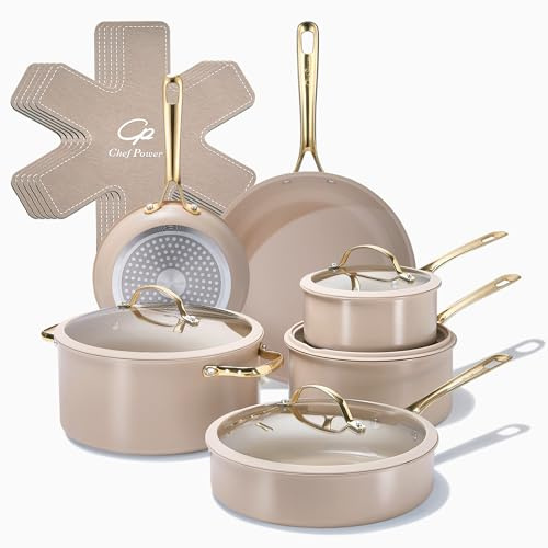 Chef Power Ceramic Cookware Sets, 15Pcs Pots and Pans Set Non Stick, Cookware Set with Stainless Steel Handle, Dishwasher & Oven Safe, Taupe and Light Gold Handle