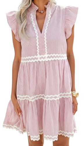 ZESICA Women's Summer Casual Mini Dress 2026 V Neck Flutter Short Sleeve Striped Ruffle A Line Beach Vacation Dresses Pink Small