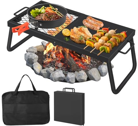 FinerFurnis 24.4''x11.2'' Swivel Campfire Grill, Heavy Duty Over Fire Pit Camping Grill with Carry Bag, Height Adjustable Camp Fire Racks for Outdoor BBQ, Picnics & Backyard Grilling