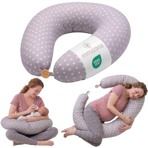 MIMUSELINA Cojin Lactancia y Embarazo 100% Algodón | Extra Grande y Mullido | 200 x 70 cm | Almohada Embarazada, Lactancia y Nido de Bebé | Funda Desenfundable y Lavable | Gris con Lunares