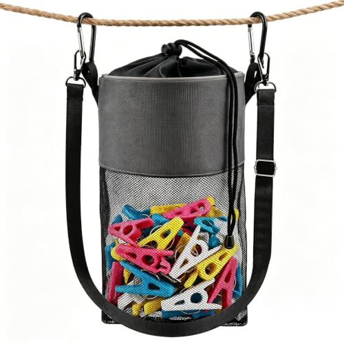 Heropen Clothes Peg Bag for Washing Line with Shoulder Strap | With hanger & adjustable shoulder strap, drawstring closure, portable hanging organiser for indoor and outdoor peg storage