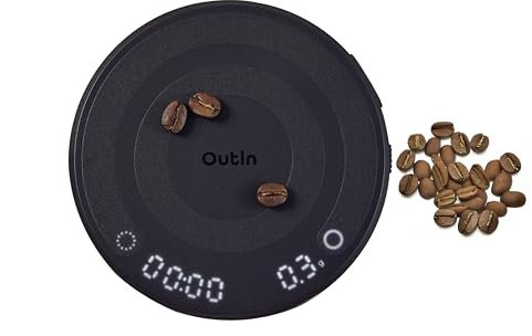 OutIn Claro - Báscula de café portátil con temporizador, 2 kg/0,1 g, mini báscula de café, incluye funda protectora, báscula de cocina recargable para verter y preparar café