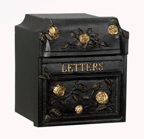 Cast Aluminium Finsbury Built In Wall Post Box with Rear Locking Door - Black with Gold Roses and Text