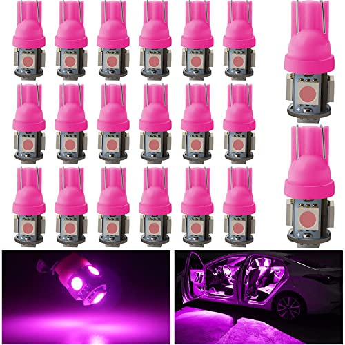 YM E-Bright T10 194 Led Bulb 168 W5W 2825 LED Bulb For Car Interior Lights Dome Map Trunk Light License Plate Light Lamp 5050 5SMD DC 12V,Pinky Purple (Pack of 20)