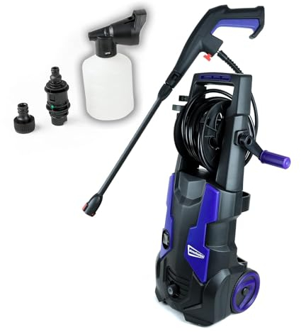 High Power 1900W Portable Electric Pressure Washer | Includes Soap Bottle and Adjustable Nozzle | 5 Metre Power Cable | 150/Bar | Max Flow Rate: 450l/h | Heavy Duty Wheels