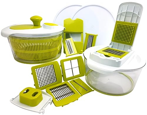 MegaChef, Dicer and Chopper - Mandolina para verduras con rallador de juliana con cuchillas intercambiables y tapas de almacenamiento, 16 piezas, color verde