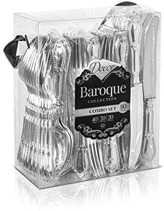 Decorline -Ventaja de 80 Piezas Pack Luxe difícil Peso plástico Plata de Cubiertos Desechables de plástico, PS Metalizado, con Efecto Baroque