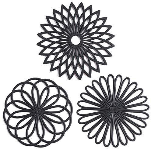 3er Set Silikon Topfuntersetzer Matte - Hot Pot Holder Pads für Tisch & Arbeitsplatte Untersetzer heiße Gerichte rutschfest hitzebeständig Moderne Küche Töpfe Pfannen, schwarz