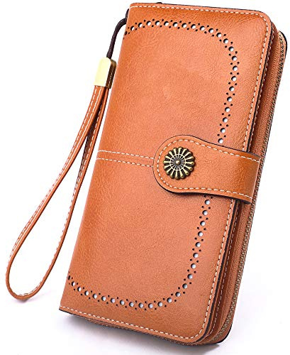 MEEGIRL Leather Purses for Women with Multi Card Slots and Wrist Strap (Brown)