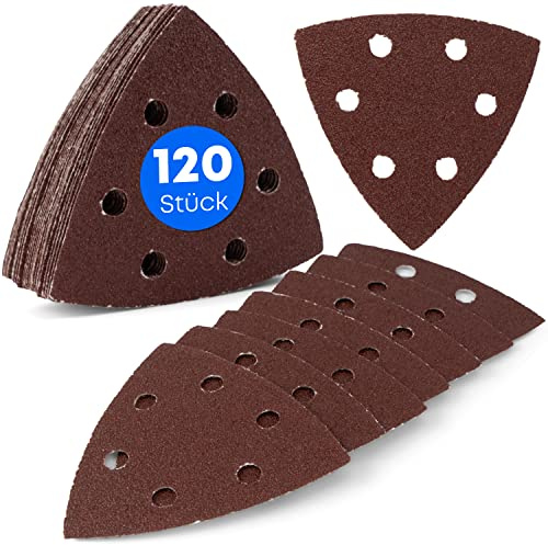 120 piezas / triángulos de lijado Delta / 6 agujeros / 93 x 93 x 93 mm / 20 x grano 40-60 - 80-120 - 180-240 / para lijadora delta / hojas de lijado / almohadillas triangulares / papel de lija