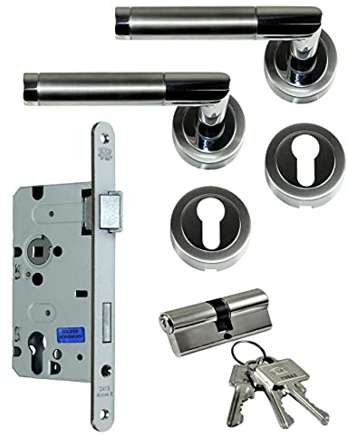 SN-TEC Zimmertür/Wohnungstür Komplett Set, Design Rosetten Beschlag L-Form (beidseitig Drücker) + PZ Schloss (DIN Rechts) + Profilzylinder