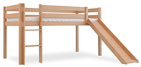 Bubema Sam Kinder Hochbett, Buche massiv (Ausführung: Mit Rutsche; Farbe: Natur lackiert)