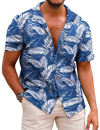 COOFANDY Hawaiian Shirt for Men Floral Beach Short Sleeve Shirt Mens Button Down Summer Shirts Blue A- Palm Leaf M