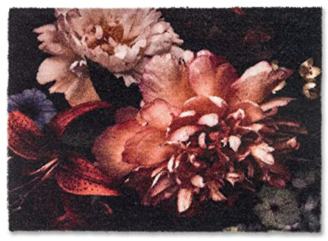 Waschbare Fußmatte rutschfest - Blüte rot/schwarz 50 x 70 cm (Rechteckig) | Schmutzfangmatte pflegeleicht Sauberlaufmatte Eingangsmatte innen Fussmatte Flur Türmatte Haustür Sauberlaufmatte indoor