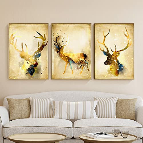 GVOZI Leinwanddruck Nordic Abstrakt Gold Hirsch Elch Leinwand Malerei Edle Kunstdruck Gemälde Poster Wandbild Für Wohnzimmer Wohnkultur Rahmenlos 50x70cm