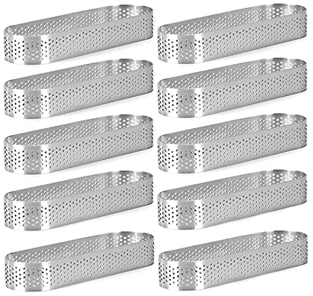 Tiamu Lot de 10 Cercle à Gâteau Perforé, Ovales Anneaux de Tartes en acier inoxydable, Cercle de Mousse pour Dessert, Français Anneau de Aux Fruits, Moule tartelette, Quiche Moules à pâtisserie