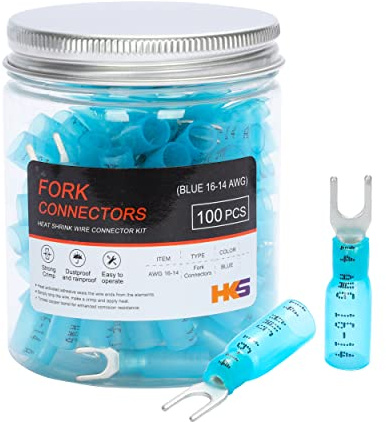 HKS 100PCS Fork Connector #8 Blue 16-14 Gauge - Heat Shrink Spade Fork Wire Connectors Kit - Tinned Red Copper - Automotive Marine Crimp Connectors - Waterproof and Insulated Terminals