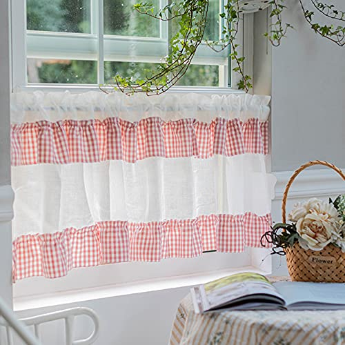 LUNEZY Stufenvorhang, Voile-Küchenvorhang, Landhaus-Bistro-Vorhang, moderner durchscheinender Gittervorhang, kleines Fenster, kurzer Vorhang, Café-Vorhang mit Spitze, Vorhang für Wohnzimm