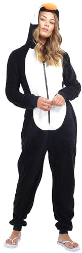 SS7 Womens Onesie, Fleece All in One, Penguin Loungewear Black