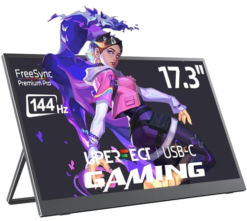 UPERFECT 17.3 Zoll 144Hz Portable Gaming Monitor, Tragbarer Display mit 1920 * 1080 Full HD IPS Bildschirm Mini HDMI 2 USB C für PC Handy Laptop PS-4/5 Switch Xbo, VESA-kompatibel