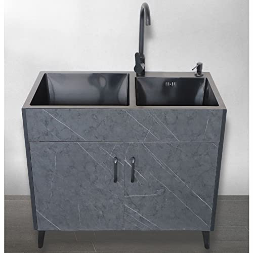 Mobiletto Sottolavello Cucina con Rubinetto,2 Sportelli Completo di Lavello Inox,Arredobagno e Cucine,Lavatoio in Acciaio Inox Autoportante 2 Vasca,per Garage Lavanderia Esterno ( Color : Black , Size