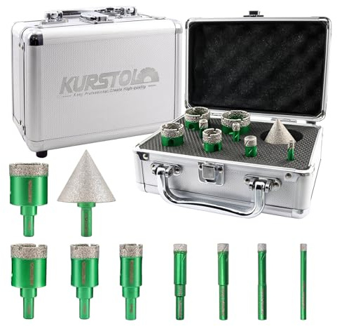 KURSTOL Diamond Core Drill Bit Kit - 6/8/10/12/20/25/32/35mm Round Shank Tile Hole Saws+2/50mm Hex Shank Beveling Chamfer Bit for Dry Drilling Porcelain Ceramic Granite Marble Stone