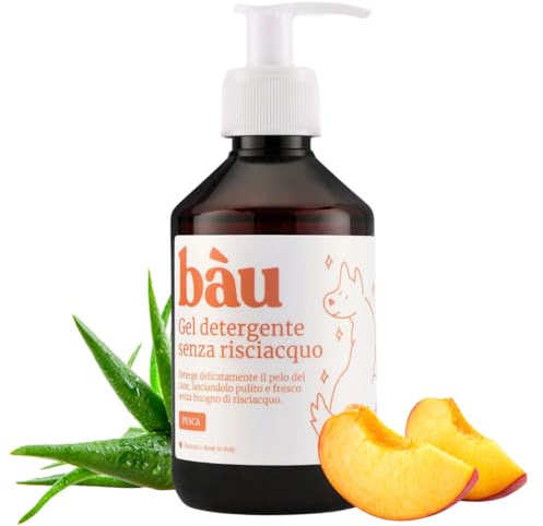 BAU Trockenshampoo für Hunde Ohne Ausspülen – Reinigendes Gel mit Feuchtigkeitspflege und Geruchsneutralisierung – Natürlich und Bio mit Aloe Vera und Lavendel – Ohne Parabene und Silikone - Pfirsich