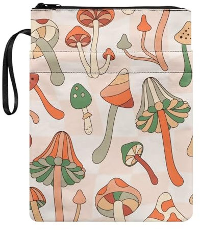 NETILGEN Orange Grün Pilz Buchhülle für Buchliebhaber Buchhüllen mit Reißverschluss und Tasche Taschenbuch Lehrbuch Geldbörse Book Sox Wiederverwendbare waschbare Geldbörse