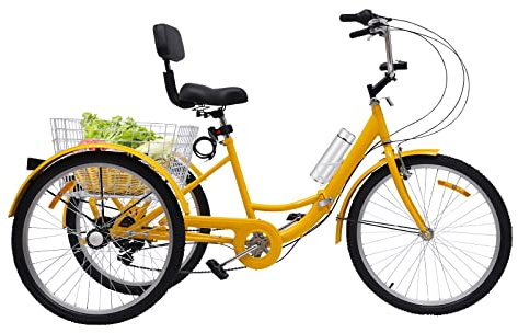 FortyFor 24 Gelb Klapprad Dreirad, 7-Gang 3-Räder Rückenlehn Fahrrad mit Einkaufskorb und Manuelle Klingel für Erwachsene Senioren ältere Menschen, Mädchen, Jungen, Herren und Damen